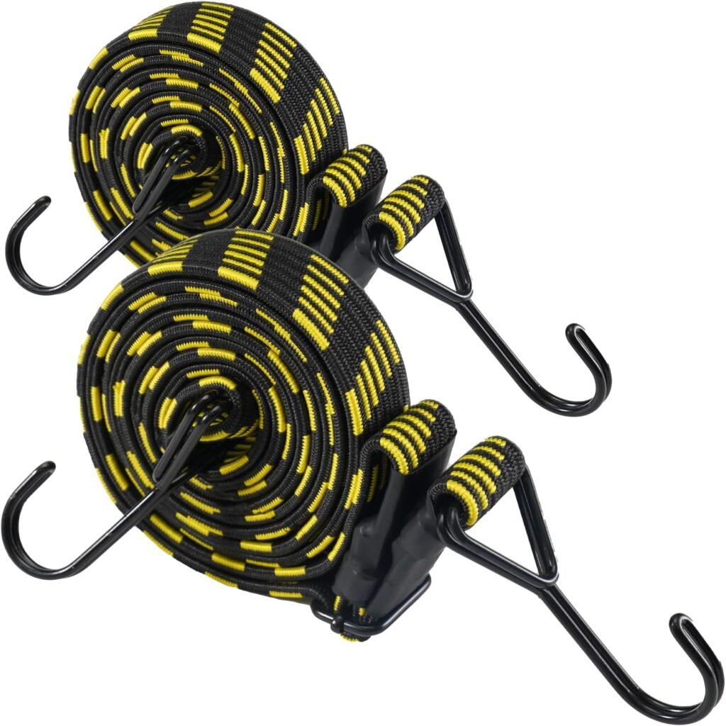 20 Real Heavy Duty Adjustable Flat Bungee Cords with 200 Lbs Max Break Strength  Easy-to-Adjust Metal Buckle, 2 Pcs Outdoor Bungee Straps with Hooks for Camping, Tarps, Bike Rack, Tent, Truck, etc