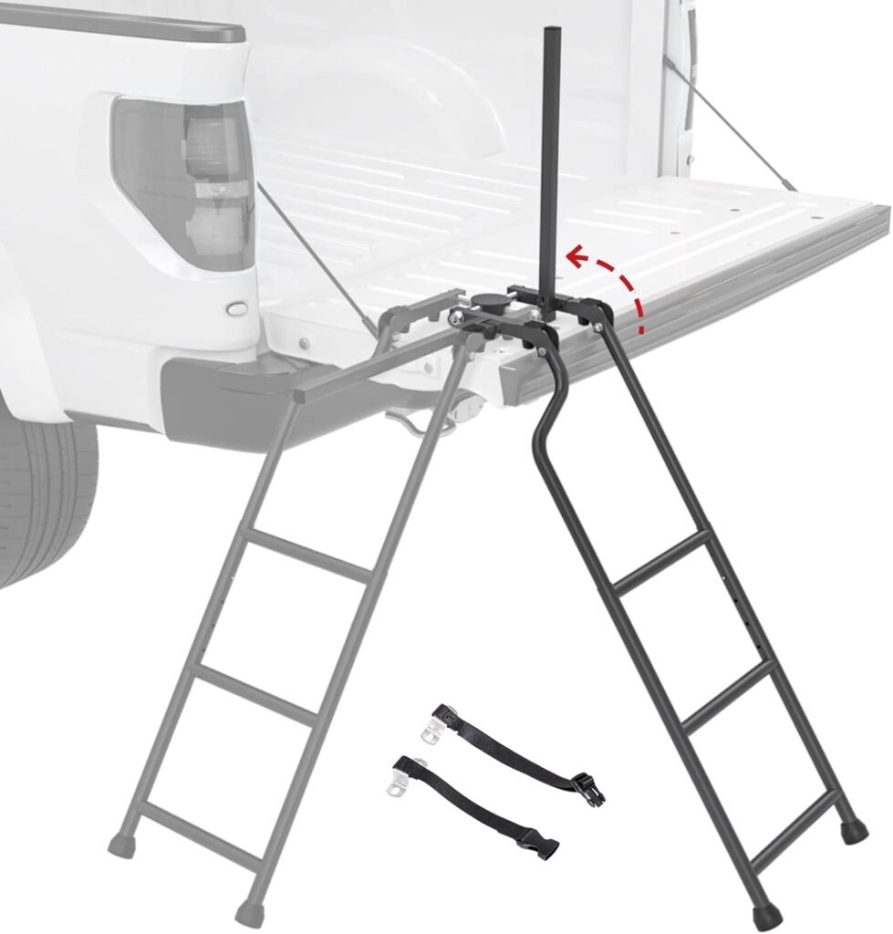 AA Product Tailgate Ladder Foldable Pickup Truck Tailgate Ladder Accessories with Handrail for Truck Easy Install Durable Steel Omni-Directional Ladder Rack Capacity 300 lbs(USPTO Patent Pending)