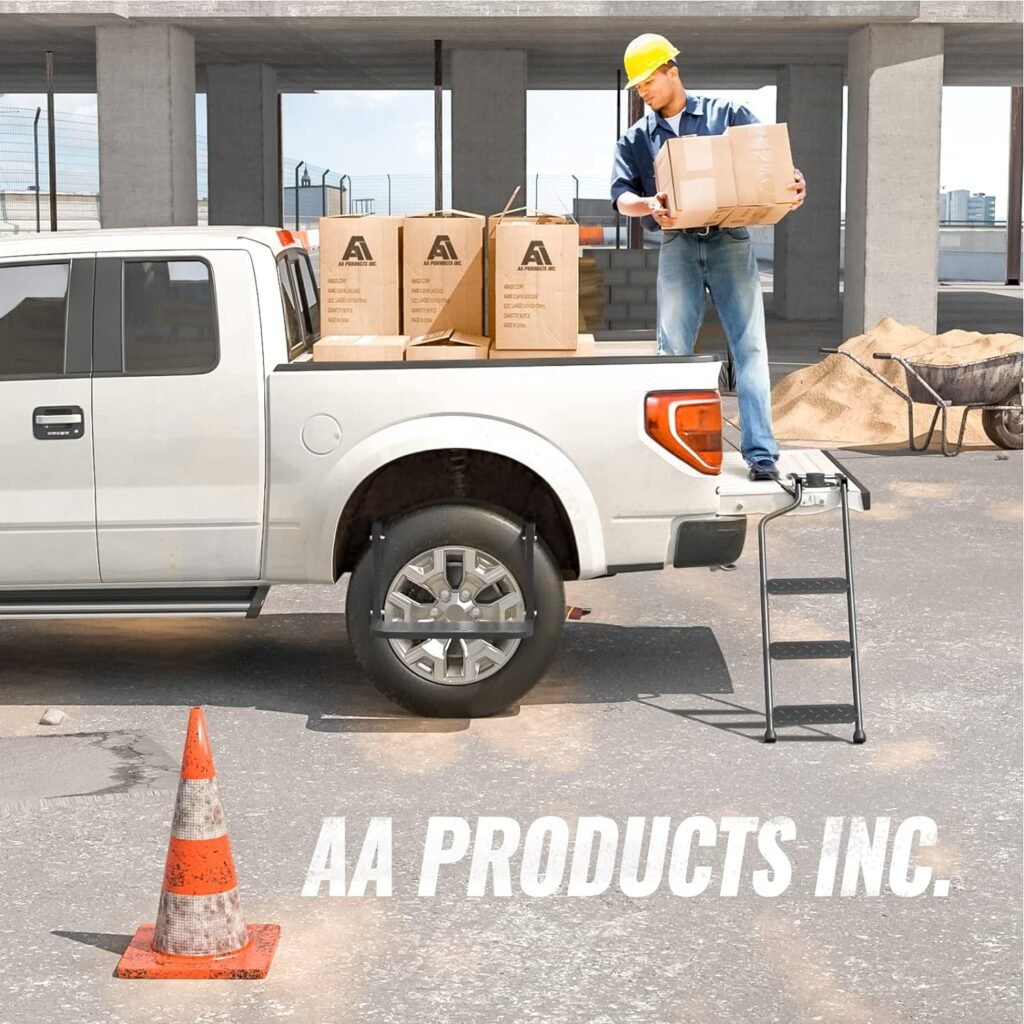 AA Product Tailgate Ladder Foldable Pickup Truck Tailgate Ladder Accessories with Handrail for Truck Easy Install Durable Steel Omni-Directional Ladder Rack Capacity 300 lbs(USPTO Patent Pending)