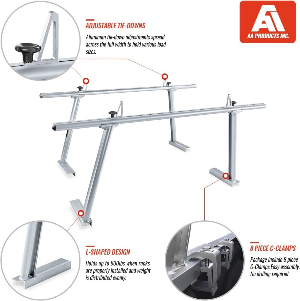 AA-Racks Model APX25 Extendable Aluminum Pick-Up Truck Ladder Rack (No Drilling Required) - Silver