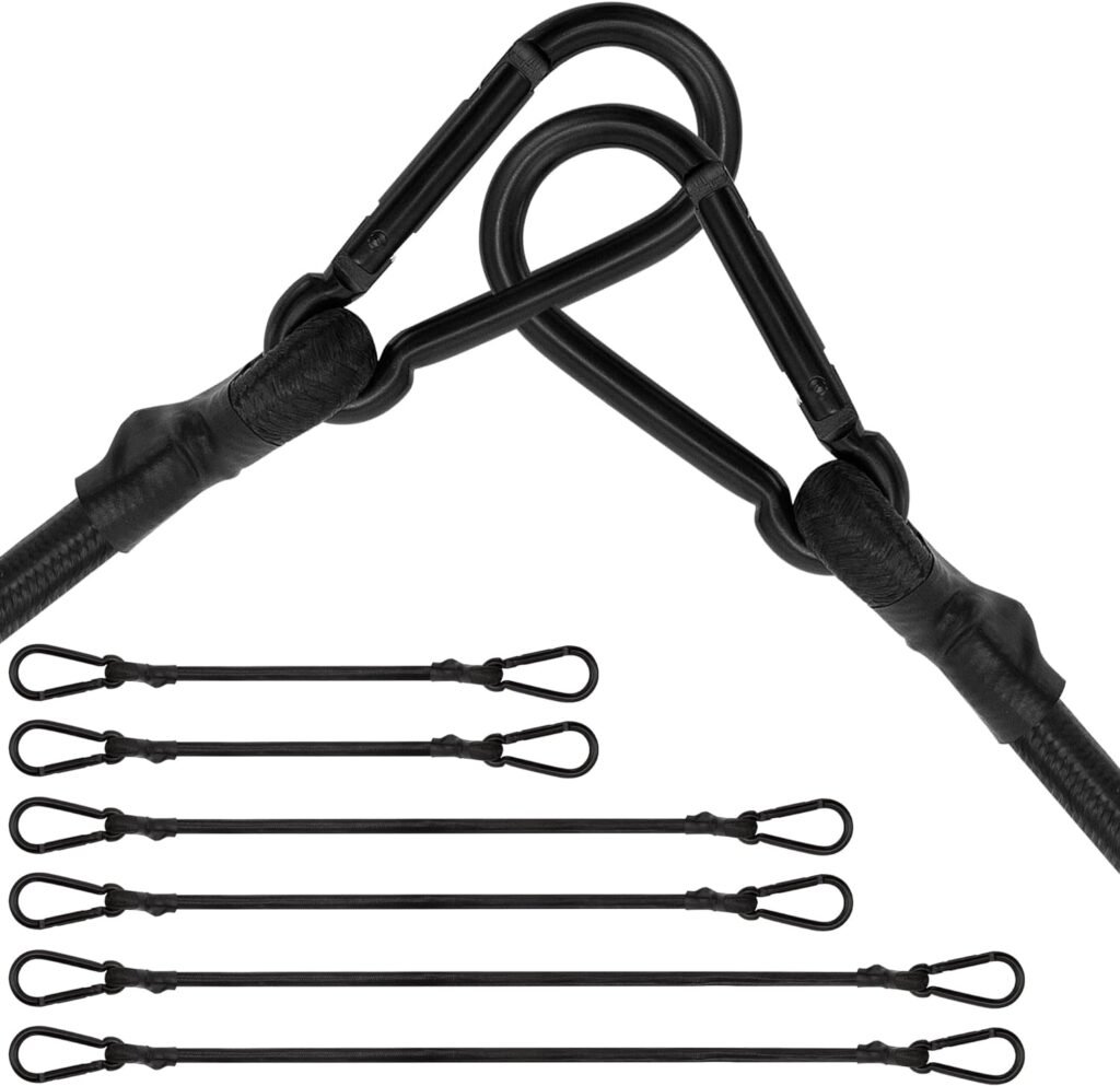 Bungee Cords with Carabiner, 6 Pack Long Heavy Duty Carabiner Bungee Cord Assorted Size 12 24 32, Extra Strong Black Bungee Straps with Carabiner Hooks for Camping, Tarps, Bike Rack, Tent, Car