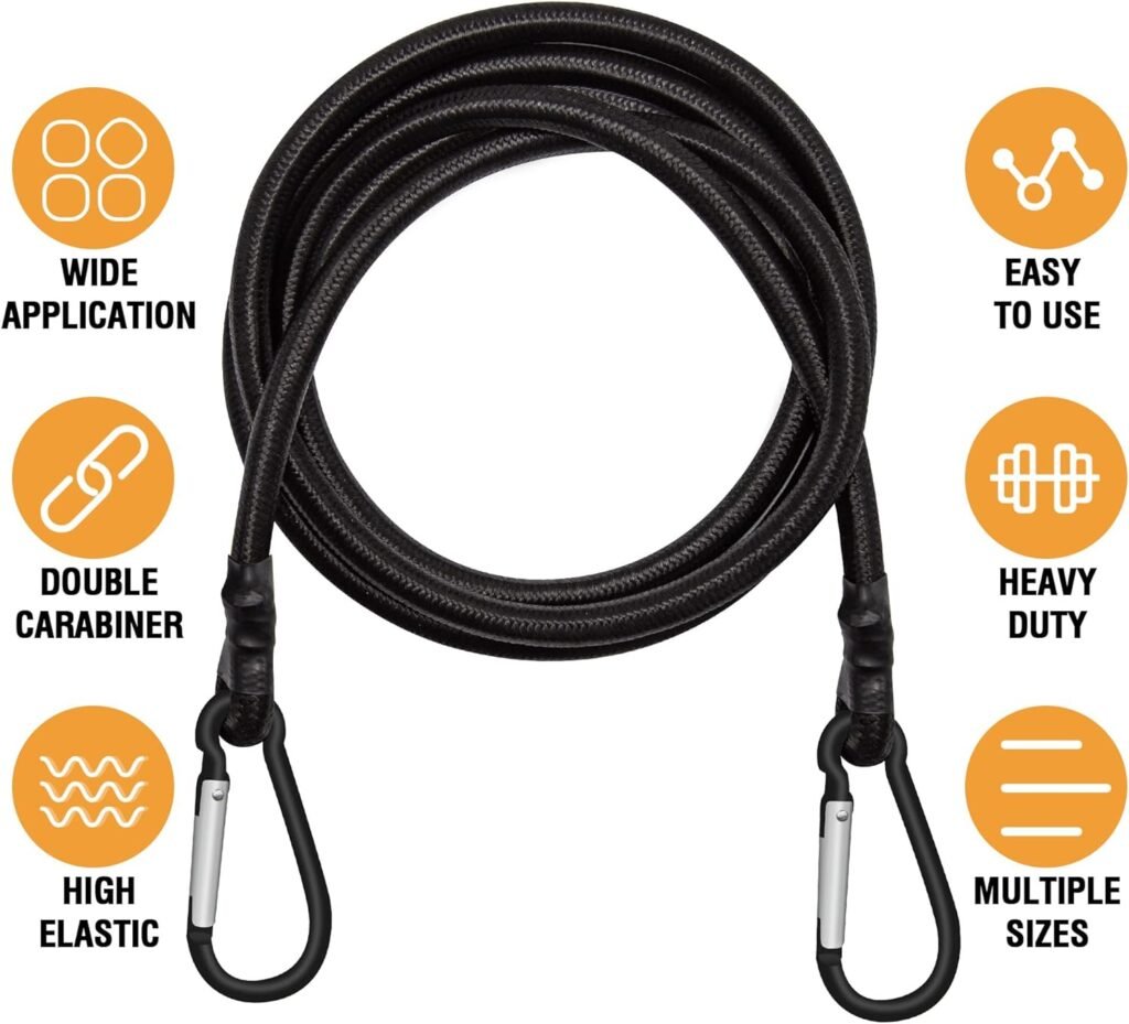 Bungee Cords with Carabiner, 6 Pack Long Heavy Duty Carabiner Bungee Cord Assorted Size 12 24 32, Extra Strong Black Bungee Straps with Carabiner Hooks for Camping, Tarps, Bike Rack, Tent, Car