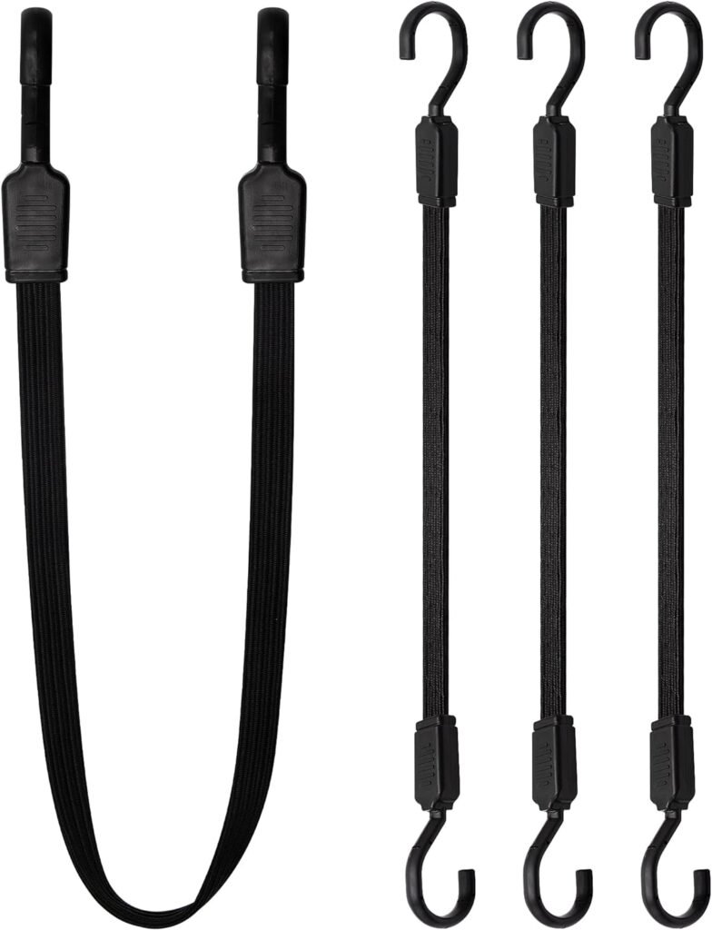 Bungee Cords with Hooks Heavy Duty, 4 Pack Long Flat Bungee Cords 18 Inch, Rubber Black Bungee Straps with Metal Buckle Hooks for Outdoor, Camping, Tarps, Bike Rack, Tent, Car, Truck
