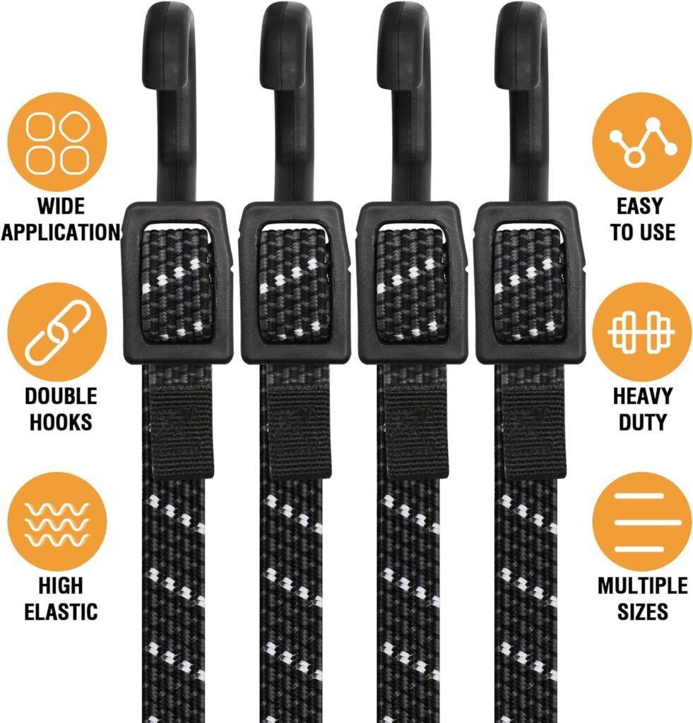 Bungee Cords with Hooks Heavy Duty, 4 Pack Long Flat Bungee Cords 18 Inch, Rubber Black Bungee Straps with Metal Buckle Hooks for Outdoor, Camping, Tarps, Bike Rack, Tent, Car, Truck
