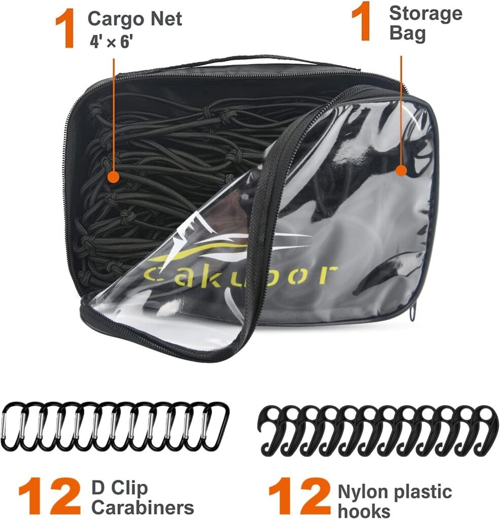 Cakubor 5x7 Cargo Net for Pickup Truck Bed SUV, Stretches to 13x18 Roof Rack Cargo Net, 4.9x4.9 Mesh Bungee Netting with 28 Pieces Universal Hooks for Large Loads