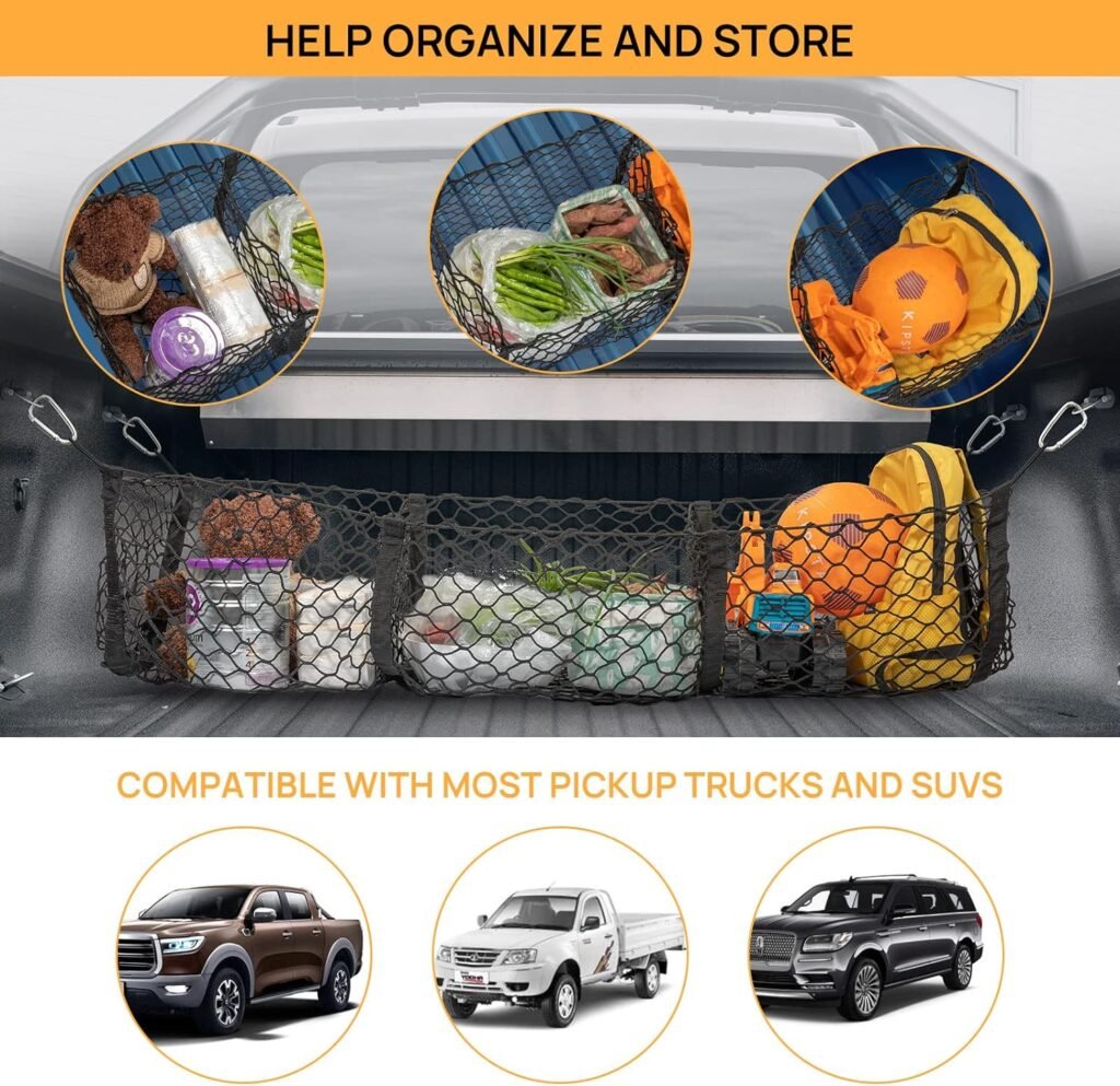 Cargo Net Trunk Bed Organizer,Mesh Storage Net with 4 Metal Hooks,43.3×11.8 inch Heavy Duty Cargo Net for SUV,Car,Toyota,Pickup Truck Bed,Truck Accessories Bed Grocery Holder