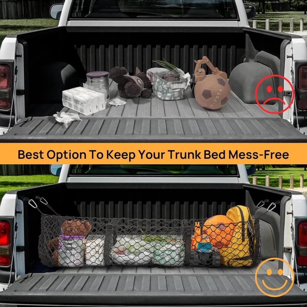Cargo Net Trunk Bed Organizer,Mesh Storage Net with 4 Metal Hooks,43.3×11.8 inch Heavy Duty Cargo Net for SUV,Car,Toyota,Pickup Truck Bed,Truck Accessories Bed Grocery Holder
