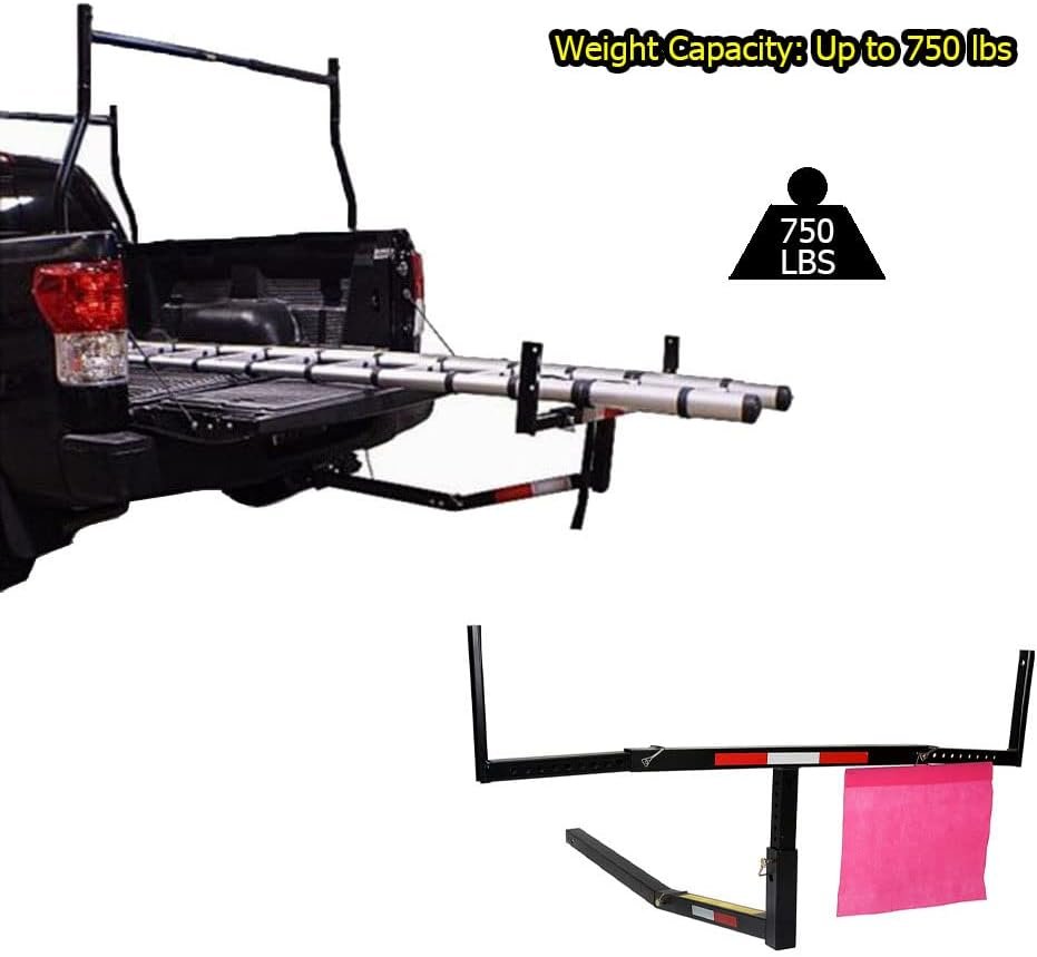 Jeremywell Adjustable Steel Pick Up Truck Bed Hitch Extender Extension Rack with Flag for Boat Lumber Long Loads Canoe Ladder Fits 2 Hitches 750 Lbs Weight Capacity Trailer Hitch Pin Included