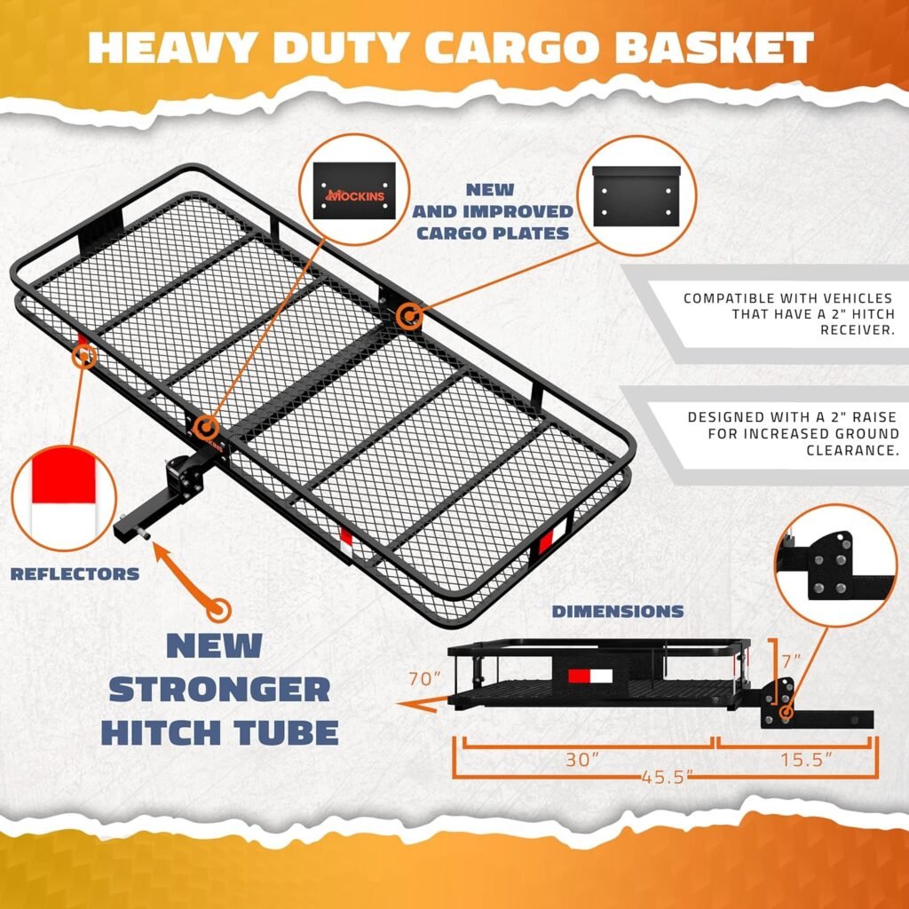 Mockins XXL 70x30x6 Folding Trailer Hitch Cargo Rack 500 Lbs Cap| Heavy Duty Cargo Trailer Hitch Cargo Carrier Rack| Rust  Corrosion Proof Tow Hitch Cargo Basket | Car Trailer Hitch Storage Rack
