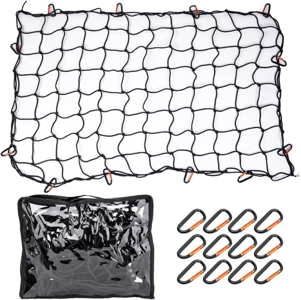 Truck Bed Netting for Cargo,Truck Bed Cargo Net 3 x 4 Stretches to 6 x 8,Bungee Cargo Net for Cars  SUVs with 12 Metal Carabiners Compatible with Chevy Ford,Dodge Ram,Toyota