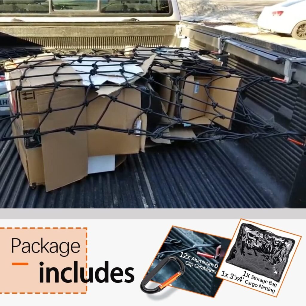 Truck Bed Netting for Cargo,Truck Bed Cargo Net 3 x 4 Stretches to 6 x 8,Bungee Cargo Net for Cars  SUVs with 12 Metal Carabiners Compatible with Chevy Ford,Dodge Ram,Toyota