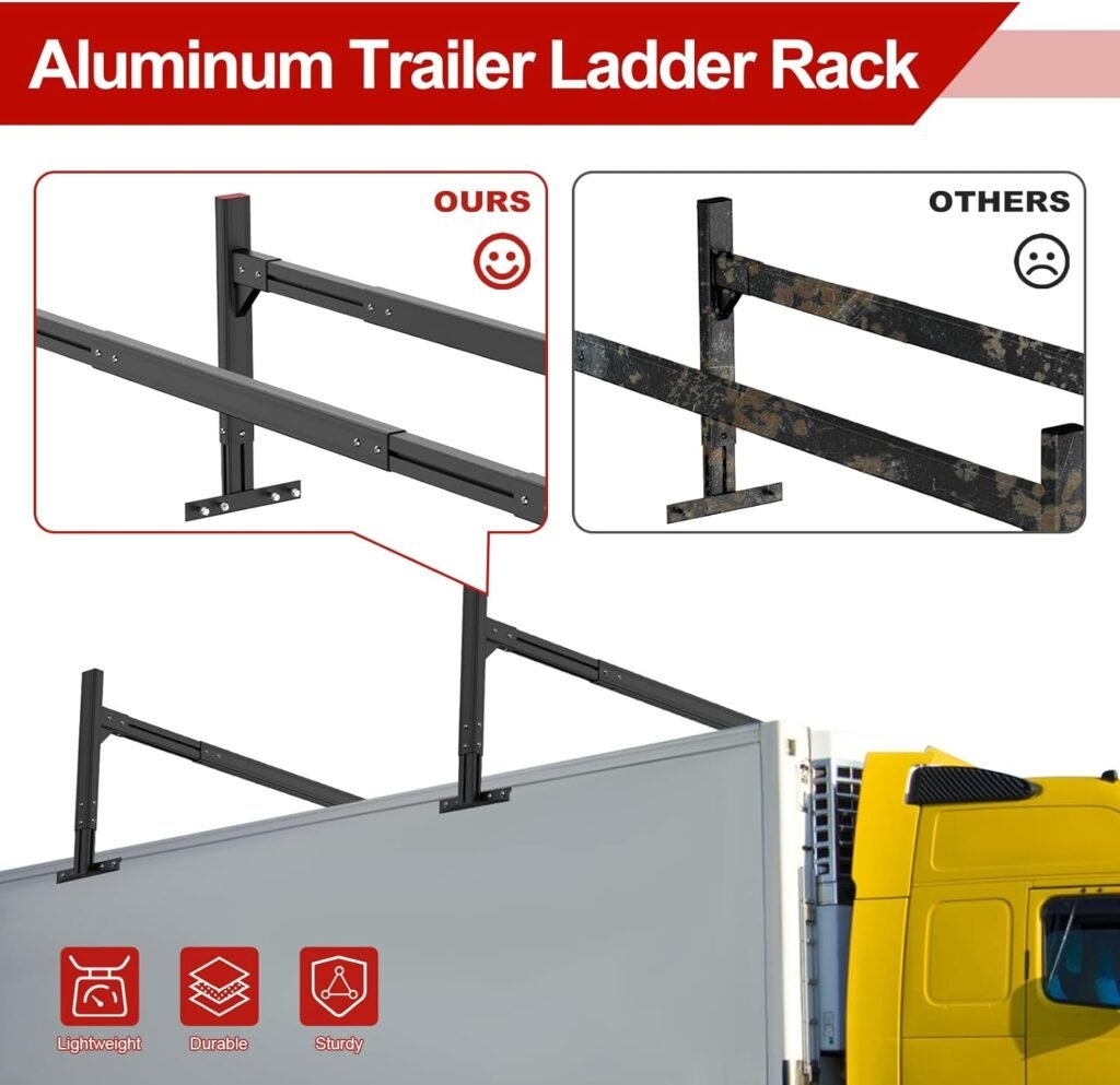 VMBQRTI Trailer Ladder Rack, Aluminum Roof Ladder Rack for Trailer with 800 LBS Capacity, Universal Adjustable Trailer Roof Rack Fit for 6.1 to 8.3 Enclosed and Open Trailers, Black